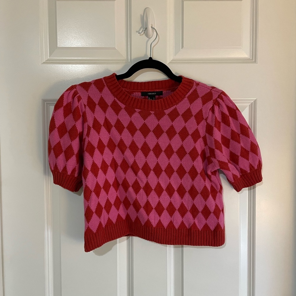 Forever 21 argyle sweater crop top puff sleeve